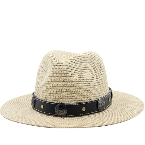 Sombrero Fedora De Paja Unisex Papel Transpirable Protección Solar Ala Ancha Banda Cuero Sintético Estilo Western Verano Playa