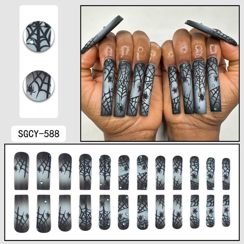 Halloween Press On Nägel Lange Sargform Künstliche Nägel Spinnennetz Muster Schwarz Grau Verlauf Nagelkunst Mit Blauen Strasssteinen