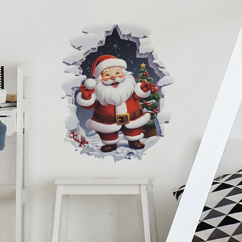 Pegatina De Pared Tridimensionale De Navidad Papá Noel Efecto Pared Rota PVC Calcomanía Removible Para Decoración Festiva