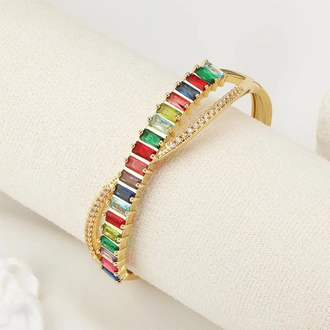 Copper Gold Plated Bangle Bracelet With Colorful Rectangular Cubic Zirconia Geometric Micro Pave Trendy Jewelry For Women