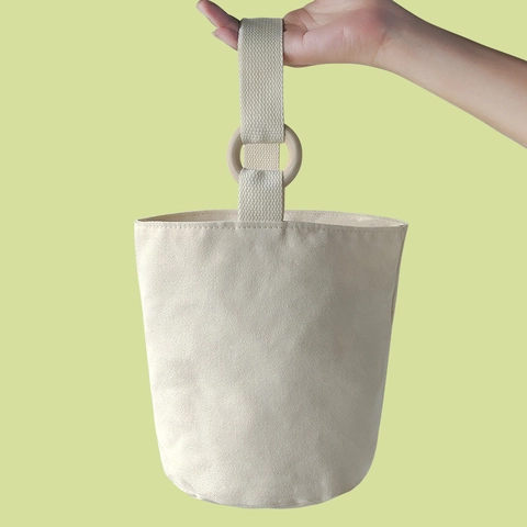Canvas Bucket Handbag With Wood Ring Handle Cartoon Print Kawaii Japanese Simple Casual Tote Bag For Women