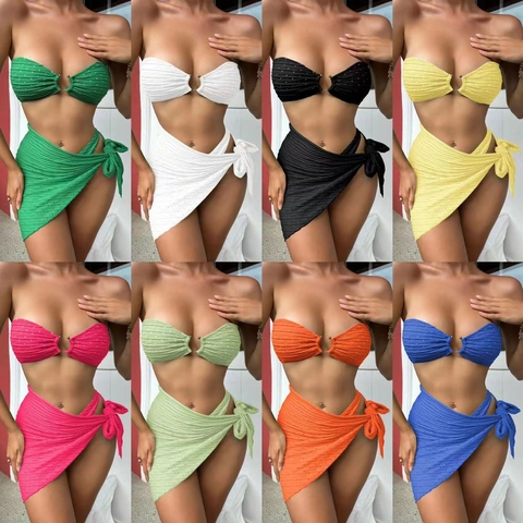 Damen Bikini Bandeau Top Und Unterteil Mit Passendem Sarong Rock Strukturierte Pointelle Metallring Strandmode