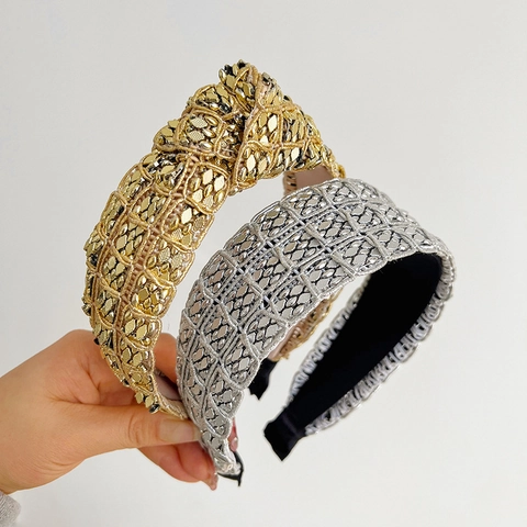 Wide Knotted Headband Woven Metallic Luster Texture Hair Accessory For Women Elegant Retro High Top Hairband