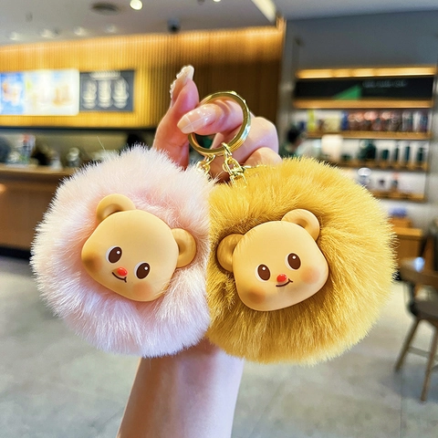 Cute Plush Faux Fur Ball Bear Keychain With Metal Ring Soft Cartoon Bear Head Bag Pendant For Women Girls