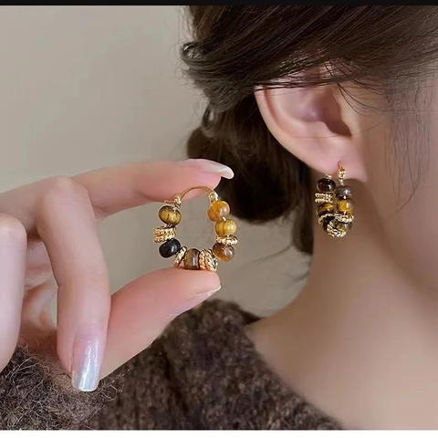 Tiger Eye Stone Earrings Vintage Geometric Round Studs Gold Plated With 925 Sterling Silver Earring Post For Women