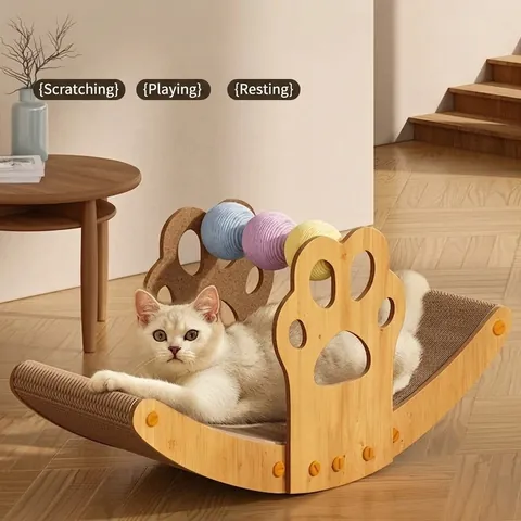 Cat Scratcher Bed Rocking Boat Shape Wood Corrugated Paper Sisal Toy For Grinding Claws Playing Resting Furniture