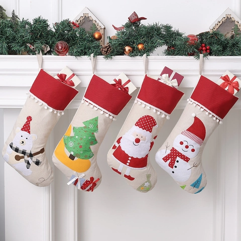 Calze Di Natale Sacchetti Regalo Tessuto Lino Iuta Decorazioni Appese Babbo Natale Pupazzo Di Neve Orso Polare Motivo