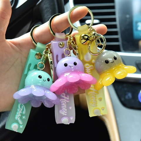Glowing Resin Octopus Keychain LED Light Cartoon Animal Doll Key Ring Pendant Silicone Strap Bell Bag Accessory For Car Backpack Ornament