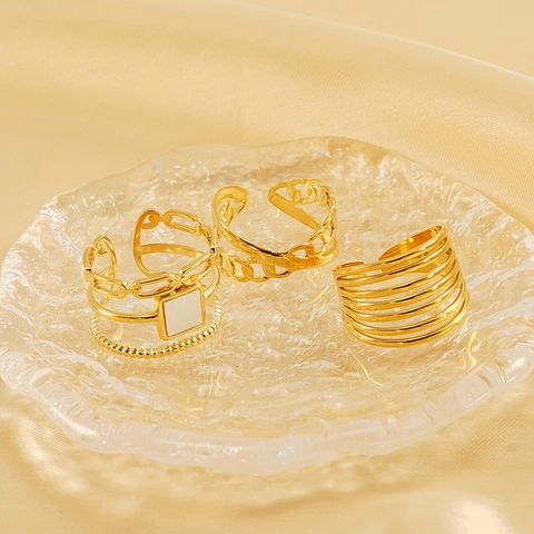 Anillos De Cadena Geométrica Hueca Para Mujeres Acero Inoxidable Chapado En Oro 18K Apertura Ajustable Joyería