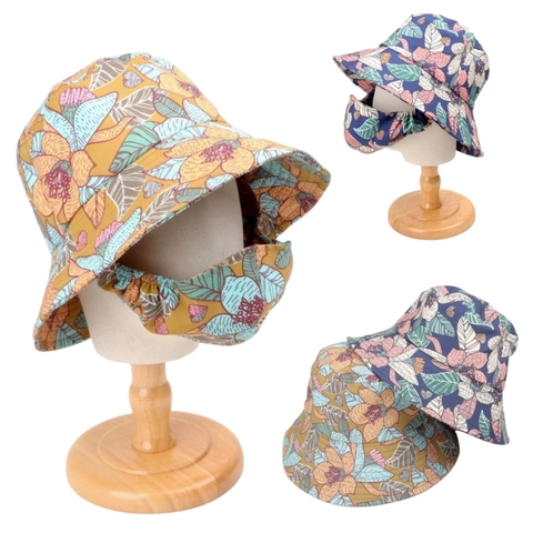 Chapeau De Soleil Imprimé Floral Pour Femmes Bob Avec Masque Facial Large Bord Anti-UV Respirant Coton Polyester Extérieur