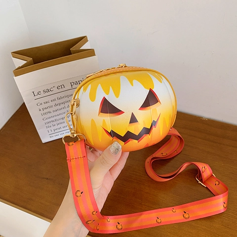 Halloween Pumpkin Crossbody Bag PU Leather Round Gradient Jack-O-Lantern Funny Face Wide Strap Party Accessory For Women