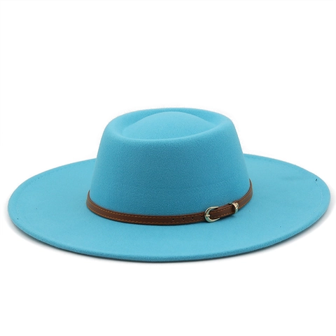 Wool Felt Fedora Hat Flat Top Wide Brim Vintage Unisex Outdoor Panama Boater Hat With Leather Belt Buckle Decoration