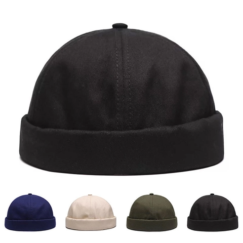 Adjustable Cotton Docker Cap Brimless Sailor Hat Solid Color Retro Melon Hat For Men Women Casual Fashion Accessory