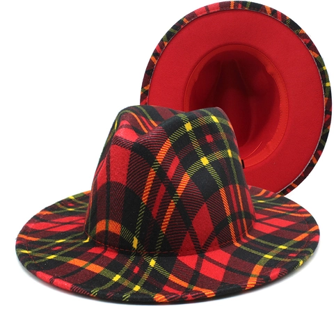 Vintage Plaid Fedora Hut Breite Krempe Wollfilz Jazz Kappe Britischen Stil Kariert Herren Damen Outdoor Accessoire