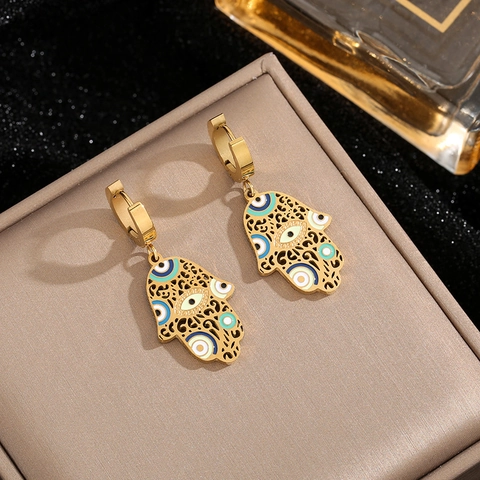 Mode Titanstahl Hamsa-Hand Böser Blick Schmuckset Emaille Bemalt Anhänger Halskette Ohrringe Armband Für Damen