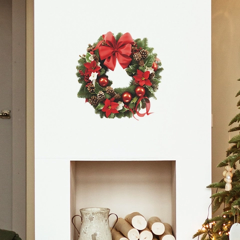 Weihnachts Kranz Wandaufkleber PVC Selbstklebend Tannennadel Rote Schleife Haus Deko Fensteraufkleber Abnehmbar