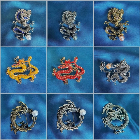 Broche Dragon en Alliage Style Chinois Vintage Avec Strass et Perle Artificielle Épingle pour Femmes Hommes Accessoire de Revers Dragon