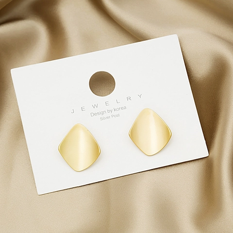 Matte Gold Geometric Rhombus Stud Earrings With Silver Earring Post Korean Minimalist Vintage Frosted Metal Jewelry