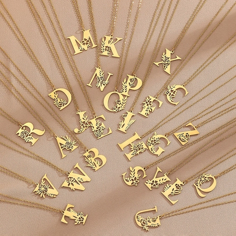 Alphabet Initial Anhänger Halskette Edelstahl Hohl Blume Design Gold Vergoldet Romantischer Schmuck Für Damen