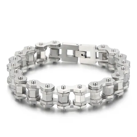 Men Stainless Steel Motorcycle Chain Bracelet Industrial Mechanical Punk Style Heavy Link Jewelry Silver Tone