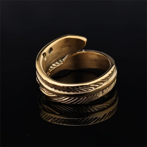 Anello Piuma Vintage Acciaio Inossidabile Placcato Oro Turchese Blu Fascia Aperta Regolabile Stile Punk Unisex