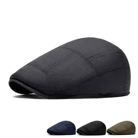 British Retro Men Flat Cap Polyester Padded Warm Newsboy Hat Adjustable Casual Thickened Ivy Driving Cap Solid Color