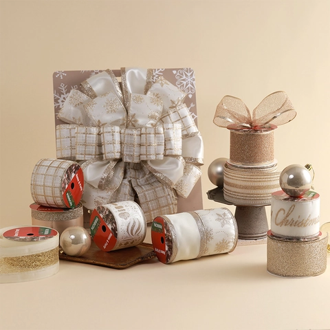 Ruban De Noël Bord Filaire Or Champagne Beige Paillettes Flocons De Neige Velours Satin Pour Emballage Cadeau Décor De Fête