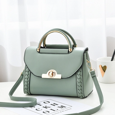 Women PU Leather Shoulder Bag Retro Handbag With Gold Metal Handle Woven Side Detail Crossbody Versatile Printed Style