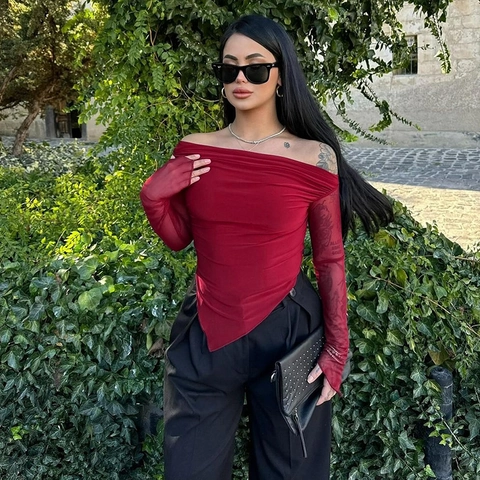 Women Slim Bodysuit Mesh Long Sleeve Single Shoulder Ruched Irregular Hem Sexy Clubwear Top