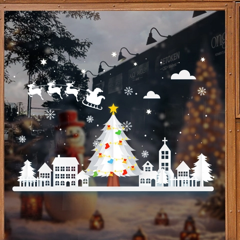 Christmas Window Stickers Static Cling PVC Reusable White Silhouette Tree Reindeer Snowflake Town Glass Showcase Decor