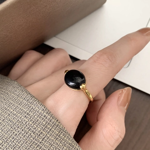 Anello In Argento Sterling 925 Con Pietra Di Agata Nera Ovale Gioielli Da Dito Vintage Retro Aperto Regolabile Per Donna