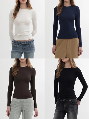 Women Long Sleeve T-Shirt Tight Fit Round Neck Ribbed Knit Viscose Spandex Modal Slimming Padded Shoulder Top Solid