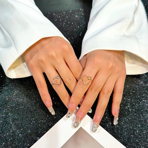 Minimalist Edelstahl Doppel Herz Hohl Offen Ring Für Damen Verstellbar Strass Verziert Mode Schmuck Geschenk