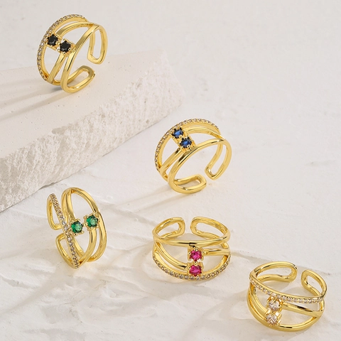 Elegante Anillo Abierto Ajustable Geométrico Hueco De Cobre Chapado En Oro Con Circonita Cúbica Colorida Para Mujer