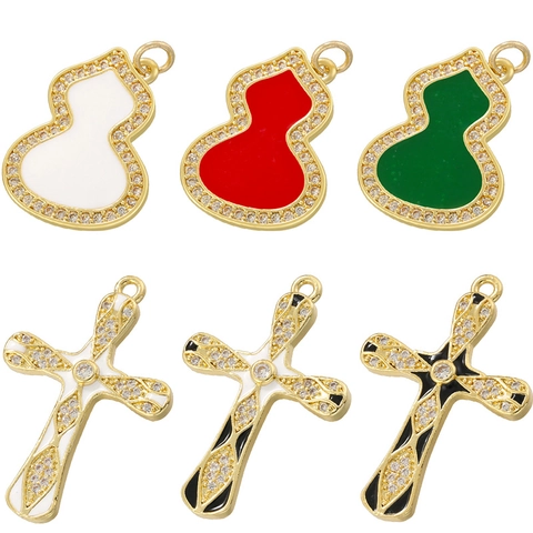 Ciondolo Croce E Zucca Vintage Ottone Smalto Colorato Zirconia Gioielli Hip Hop
