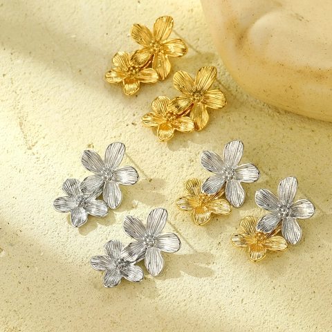 Pendientes De Flores Vintage Acero Inoxidable Chapado En Oro 18K Textura Cepillada Estilo Lujo Francés Joyas Para Mujeres
