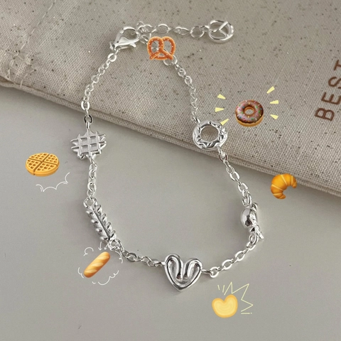 925 Sterling Silber Armband Für Frauen Koreanischer Stil Donut Brezel Croissant Waffel Essen Thema Anhänger Süßer Schmuck
