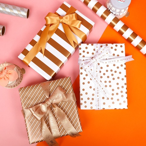 Metallic Gift Wrapping Paper Rolls Gold Bronze Foil Stripes Dots Stars Pattern Birthday Wedding Valentine Luxury Elegant Wraps