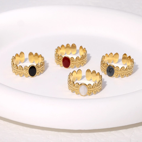 Vintage Französischer Geometrischer Offener Ring 18K Vergoldeter Edelstahl Verstellbar Ovales Inlay Blatt Textur