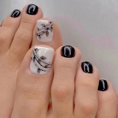 Unghie Finte Piedi Press On Lucide Nero Bianco Motivo Foglia Inchiostro Punte Unghie Artificiali Per Donne Pedicure DIY