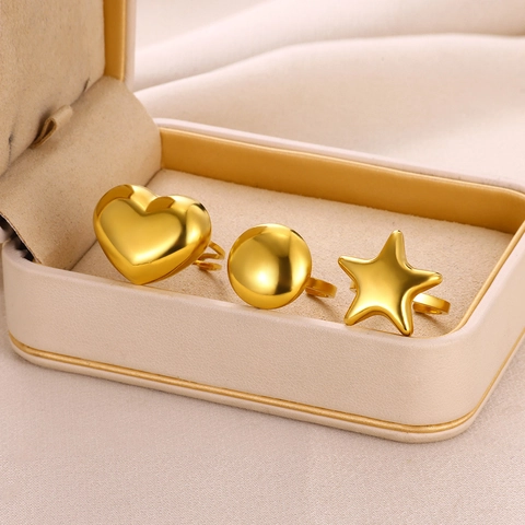 Minimalist Stainless Steel Adjustable Open Rings Heart Star Geometric Smooth Mirror Polished Gold Plated Jewelry For Women
