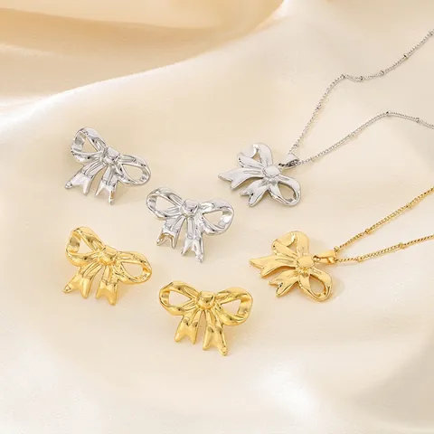 Collana E Orecchini Con Fiocco Vuoto Acciaio Inossidabile Nicchia Minimalista Elegante Dolce Gioielli Per Donna
