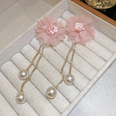 Lange Quastenohrringe Netzblume Rheinkiesel Ketten Künstliche Perlen 925 Sterling Silber Ohrstecker Koreanischer Blumenschmuck