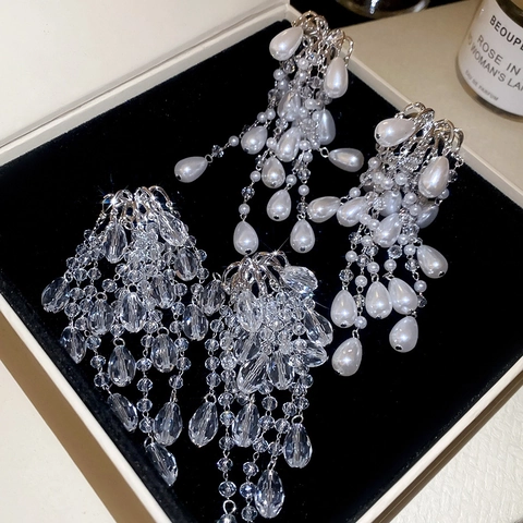 Orecchini Lunghi Nappine Con Perno In Argento Lega Perla Artificial Sintetica Cristallo Goccia Dacqua Gioielli Matrimonio Lusso Donne
