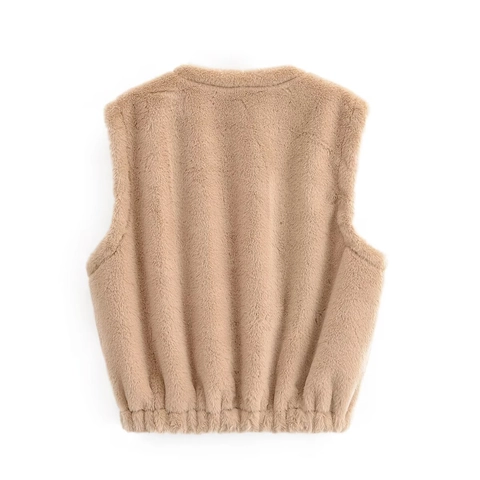 Gilet da Donna alla Moda in Pelliccia Sintetica Senza Maniche con Cerniera Soprabito con Tasche Girocollo Cachi Autunno Inverno