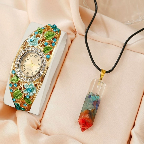 Vintage Floral Enamel Bangle Watch And Crushed Stone Resin Pendant Necklace Jewelry For Women Elegant Accessory