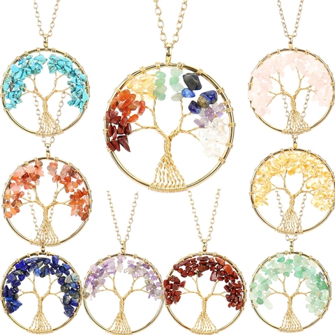 Tree Of Life Pendant Necklace Handmade Copper Wire Wrapped Natural Crystal Chips Gemstone Jewelry For Women