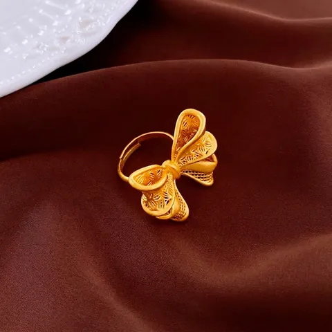Bowknot Offener Ring Gold Vergoldet Kupfer Filigran Hohl Verstellbar Mode Eleganter Schmuck Für Frauen Vintage Stil