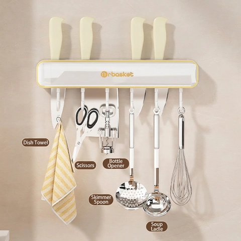 Wall Mounted Kitchen Knife Holder Storage Rack Multifunctional ABS Plastic Organizer With Hooks Space Saving Modern