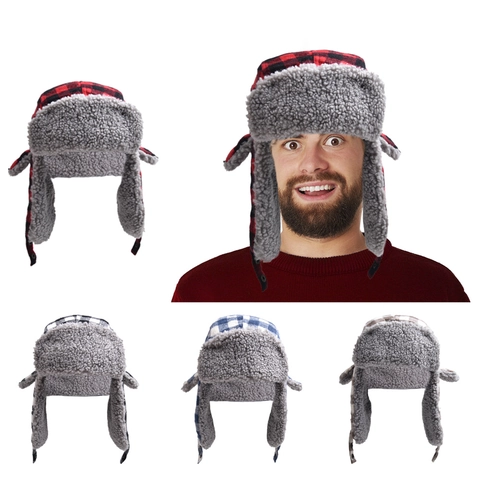 Winter Trappermütze Kariertes Muster Kunstpelzfutter Ohrenklappen Winddicht Warm Outdoor Skimütze Baumwolle Polyester